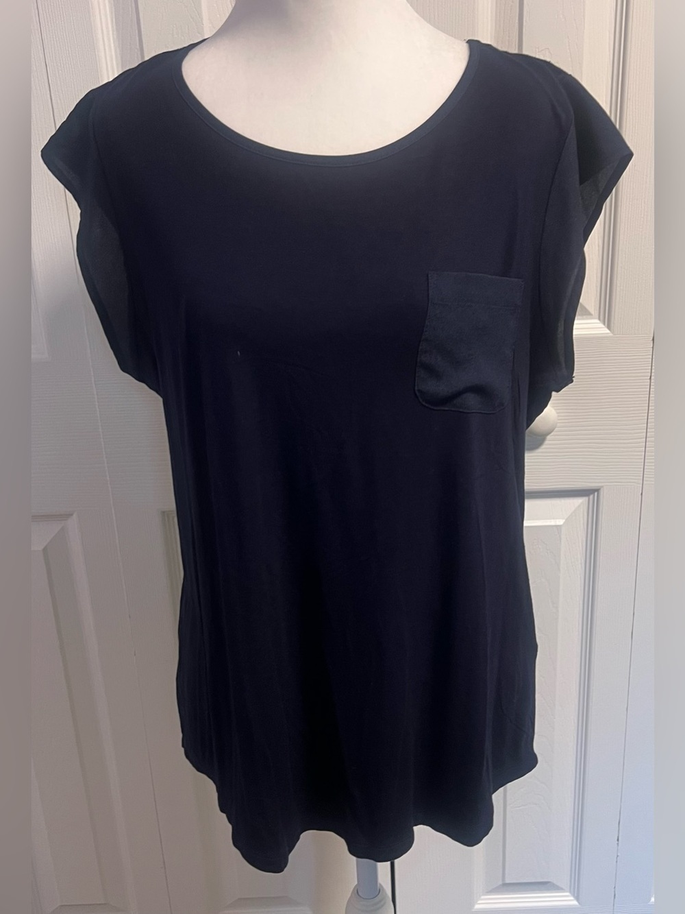 Calvin Klein Navy Sleeveless Sheer Sleeved Top With Check Pocket